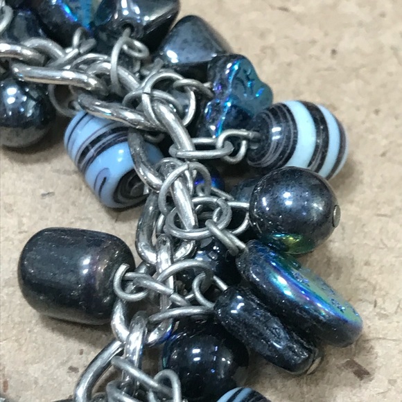 Black Blue Glass Beaded Bracelet Large Chunky Kinetic Statement iridescent charm - Picture 5 of 10